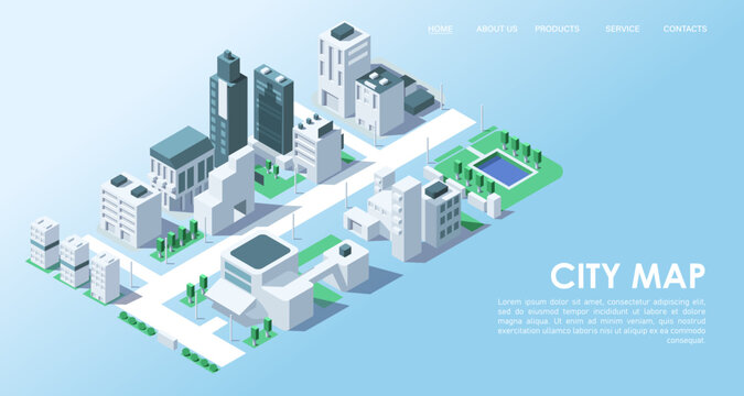 Isometric city map with buildings. Business office and commercial towers in 3d cityscape. City development concept for web design. Urban architecture and design of street elements. Vector illustration