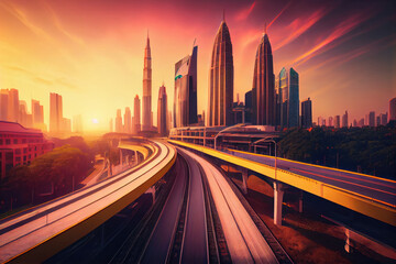 Speedy motion forward flyover with beautiful Kuala Lumpur city skyline Sunset scene .