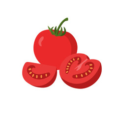 Tomato set. Whole and half cut tomatoes isolated on white background. Vector cartoon illustration. Fresh red Vegetable, Vegetarian, vegan Healthy organic food