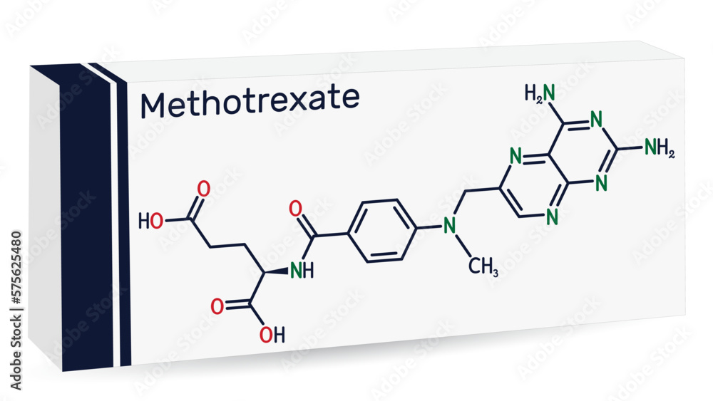 Wall mural Methotrexate, MTX molecule. It is antineoplastic drug, used the treatment of  cancer, psoriasis, rheumatoid arthritis. Skeletal chemical formula. Paper packaging for drugs.