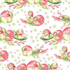 Seamless watercolor pattern on a white background with stylized pink peonies, leaves and herbs. Spring, summer, botany