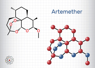 Artemether molecule. It is used for the treatment of malaria. Structural chemical formula and molecule model. Sheet of paper in a cage