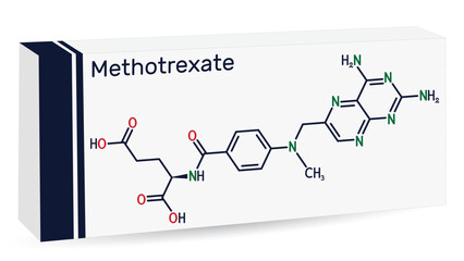 Methotrexate, MTX molecule. It is antineoplastic drug, used the treatment of  cancer, psoriasis, rheumatoid arthritis. Skeletal chemical formula. Paper packaging for drugs.