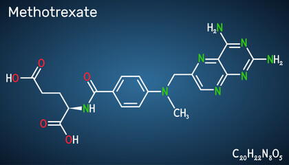 Methotrexate, MTX molecule. It is antineoplastic drug, used the treatment of  cancer, psoriasis, rheumatoid arthritis. Structural chemical formula on the dark blue background.