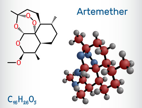 Artemether molecule. It is used for the treatment of malaria. Structural chemical formula and molecule model.