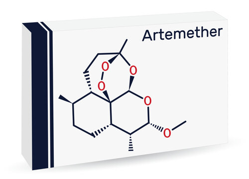 Artemether molecule. It is used for the treatment of malaria. Skeletal chemical formula. Paper packaging for drugs.