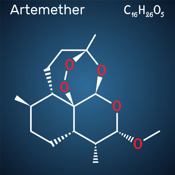 Artemether molecule. It is used for the treatment of malaria. Structural chemical formula on the dark blue background.