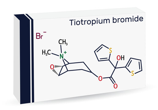 Tiotropium bromide molecule. Antimuscarinic bronchodilator used in the tratement of chronic obstructive pulmonary disease COPD, asthma. Skeletal chemical formula. Paper packaging for drugs.