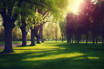Beautiful landscape of spring nature, park with green grass and trees.