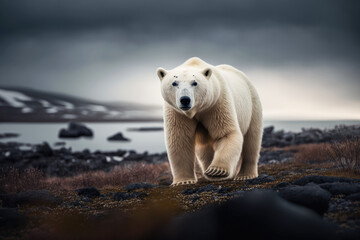Obraz na płótnie Canvas A Majestic Polar Bear Roaming the Arctic Tundra. Generative AI