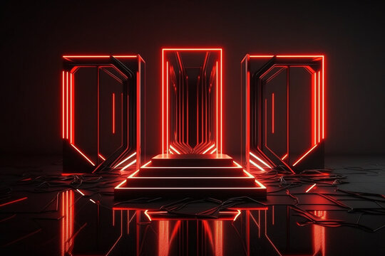 Futuristic sci-fi abstract red neon light shapes on black background and reflective concrete with blank space for 3D text Generative AI