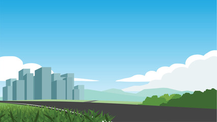 Vector cartoon landscape of asphalt road on wide open field. Background has a large building under blue sky with free space.