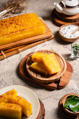 Bika ambon or golden cake or golden kuih bingka in Singapore, is an Indonesian dessert, made from ingredients such as tapioca flour, eggs, sugar, yeast and coconut milk.