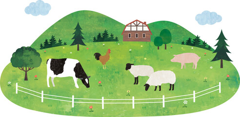 牛と豚と羊と鶏のいる観光牧場水彩画
