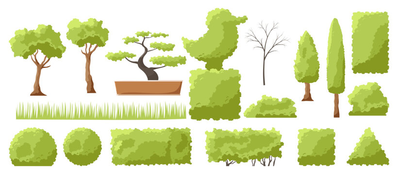 Set of design elements for City Park isolated on white background. Collection with decorative icons of trees, different forms bushes for Public Park or cityscape and urban garden. Vector illustration