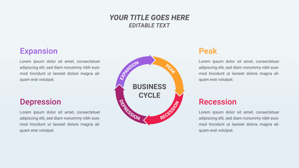 Business Cycle Circular Infographic Design Template with Four Options and Arrow on 16:9 Ratio. Editable Infographic with 4 Steps for Presentations, Finance Report, Web Design, and Yearly Report.