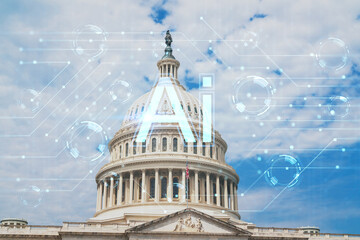 Obraz na płótnie Canvas Capitol dome building exterior, Washington DC, USA. Home of Congress, Capitol Hill. American political system. Artificial Intelligence concept, hologram. AI, machine learning, neural network, robotics