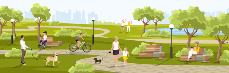 People walking with dogs in City Park. Scene weekend in the cityscape. Woman seating on wooden bench. Public place for relax and recreation with green trees and bushes. Panoramic vector illustration - obrazy, fototapety, plakaty