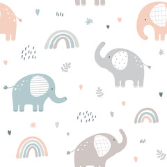 Seamless pattern with cute elephant on white background. Vector illustration in flat style.