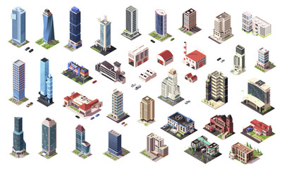 Isometric skyscrapers and city buildings big collection. Set of business office or commercial towers. City development in 3d. Finance cityscape architecture, elements shape of map. Vector illustration