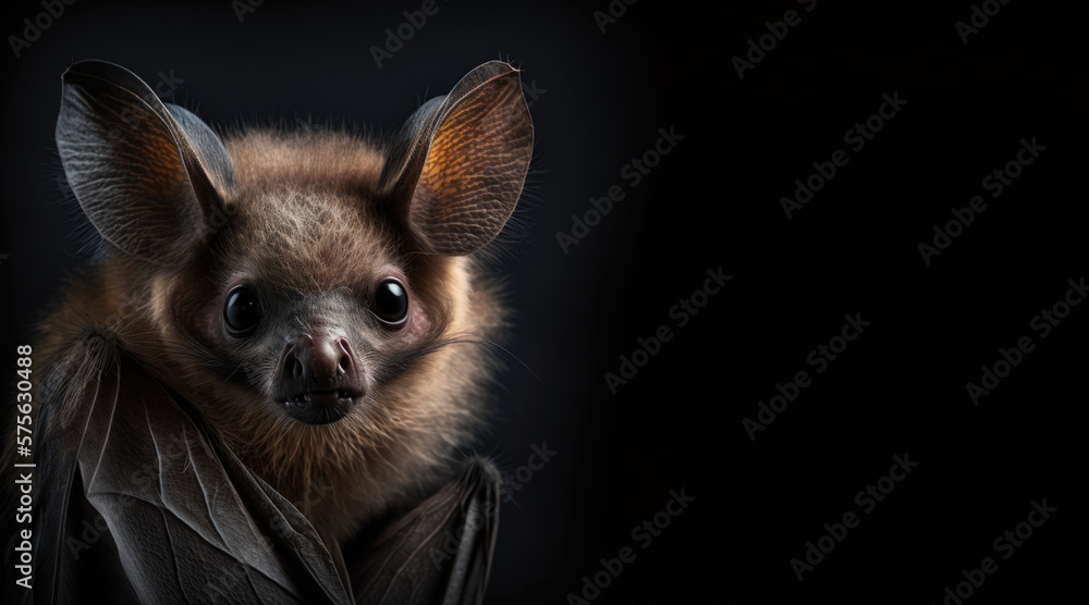 Wall mural portrait of a bat, photo studio set up with key light, isolated with black background and copy space