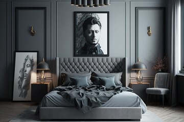 Master bedroom for a lonely stylish man, a bachelor. Modern room with trendy gray interiors, large king - size and lamps