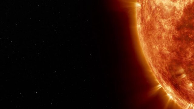 Earth's sun in outer space. Artistic concept 3D animation as close shot of solar surface with powerful bursting flares and star protuberances erupting with magnetic storms and plasma flashes.