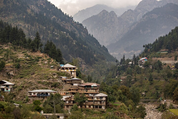 Traditional Pakistani village houses on the hill in rural area of Northern Pakistan