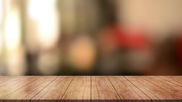 Empty wooden table top with lights bokeh on blur restaurant background.	
