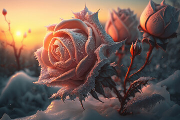 Obraz premium Sunrise on frozen roses. AI Generated