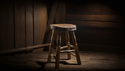 Rustic wooden stool with wood background shot in studio, generative AI