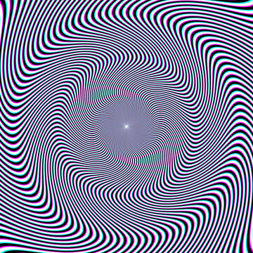 Optical art white black and cyan magenta striped circular pattern. Psychedelic background design.
