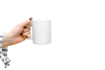 Woman's female hands holding white cup mug of coffee on white background.mockup,template for design