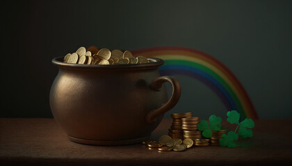 St. Patrick's Day celebration background. Leprechaun pot of gold and rainbow Generative ai