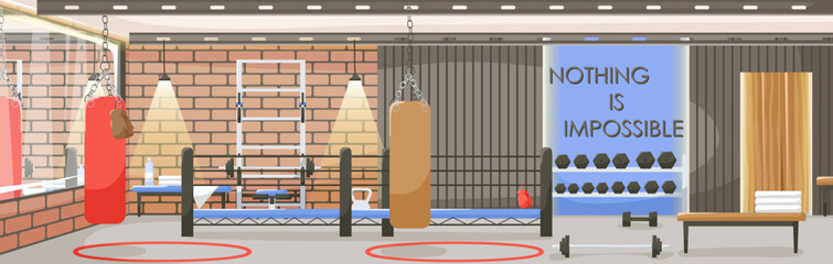 City sport club empty interior. Various boxing equipment and machines for body workout and exercises with weights indoor. Modern gym with barbell bench, dumbbell and punching bag. Vector illustration