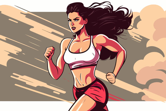 The Inspired girl athlete running a marathon, a beautiful fit woman running. 2D illustration, vector flat. EPS 10.