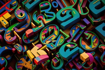 3d background with an aerial view of colorful wooden letter blocks. AI-generated 
