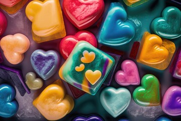 3d background with an aerial view of colorful hand made soaps with heart shapes. AI-generated.