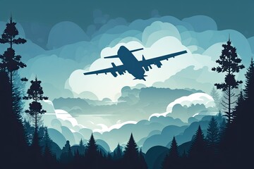 The plane soars across the clear sky, passing above the woodland canopy. Above the clouds, the silhouette of a fighter plane, Overhead, a military plane flies past the trees. Generative AI
