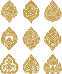 Set Line thai, lotus art and flower style asian art luxury buddhism temple element and background pattern png file for decoration