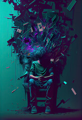 Mental health concept, a man with psychological problems or depression sits on a chair. Generative AI