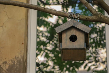 handmade wooden bird house on a tree