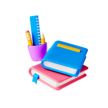 Book and pencil icon, online learning, school study, learning subject and e-learning,  education concept. 3d render illustration transparency background