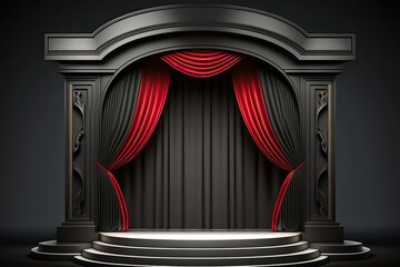 Black opera stage with red silk curtain podium product promotion marketing showcase background exquisite classic contemporary center composition. Generative AI