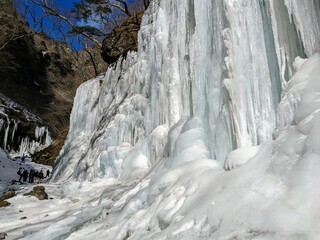 Fototapeta na wymiar Unryu Valley with giant icicles in Nikko City, Tochigi Prefecture, Japan in February.