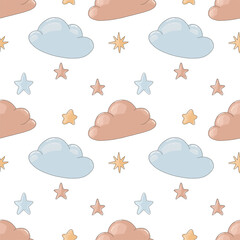 Cute seamless pattern with pink and blue clouds. Vector iilustration