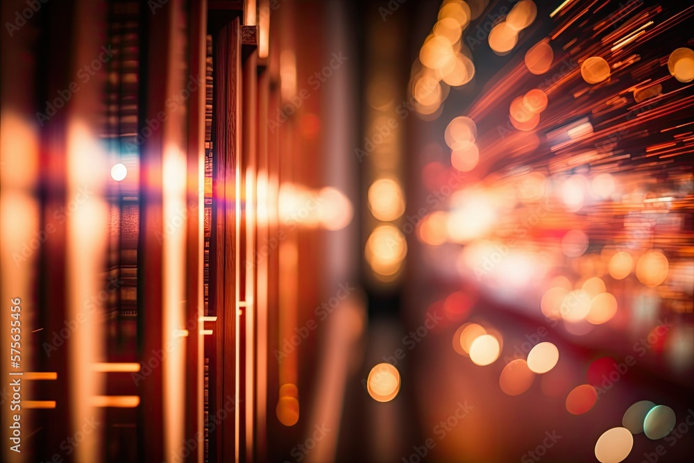 Poster bokeh lights in a library, with abstract motion blur in a modern business office setting. generative