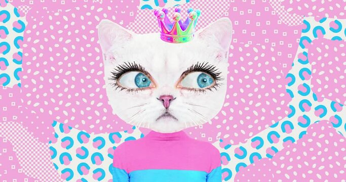 Modern loop animation. Stylish collage lady Kitty. Fashion concept