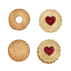 Malted Milk and Jammie Dodgers Biscuits - isolated hand-drawn cookies on transparent background