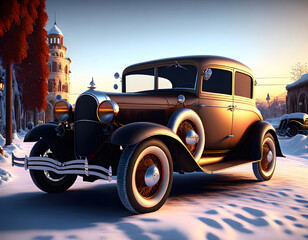 1930's Car in the city. Winter, sunrise.